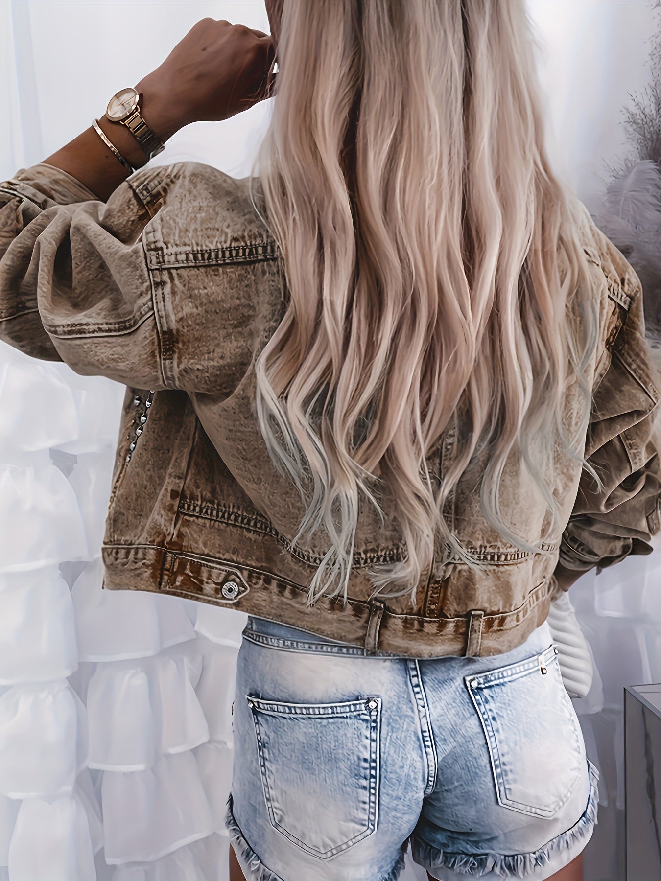 Vintage Women's Distressed Denim Jacket With Button Front