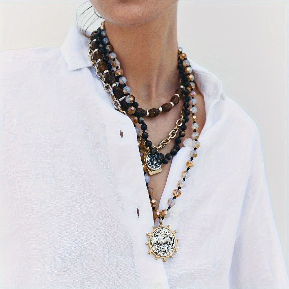 NEULRY Bohemian Geometric Rectangular Layered Body Chain Set Of Four Premium Natural Stone Pendants