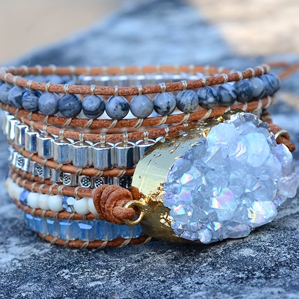 Boho Handmade Natural Stone Druzy Quartz Wrap Bracelet Jewelry