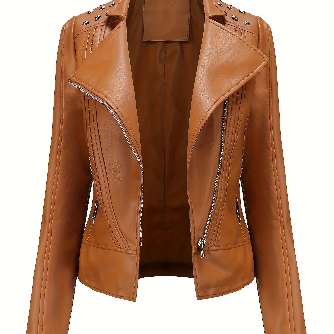 Scacto Women's Faux Leather Lapel Jacket With Beaded Studded Collar