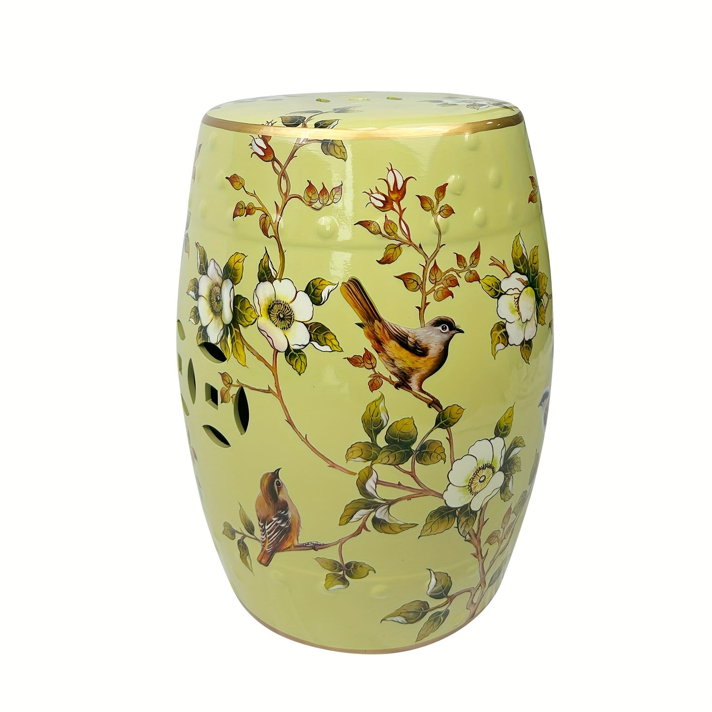 Ceramic Drum Stool Asian Classical Style Ornate Bird Blossom