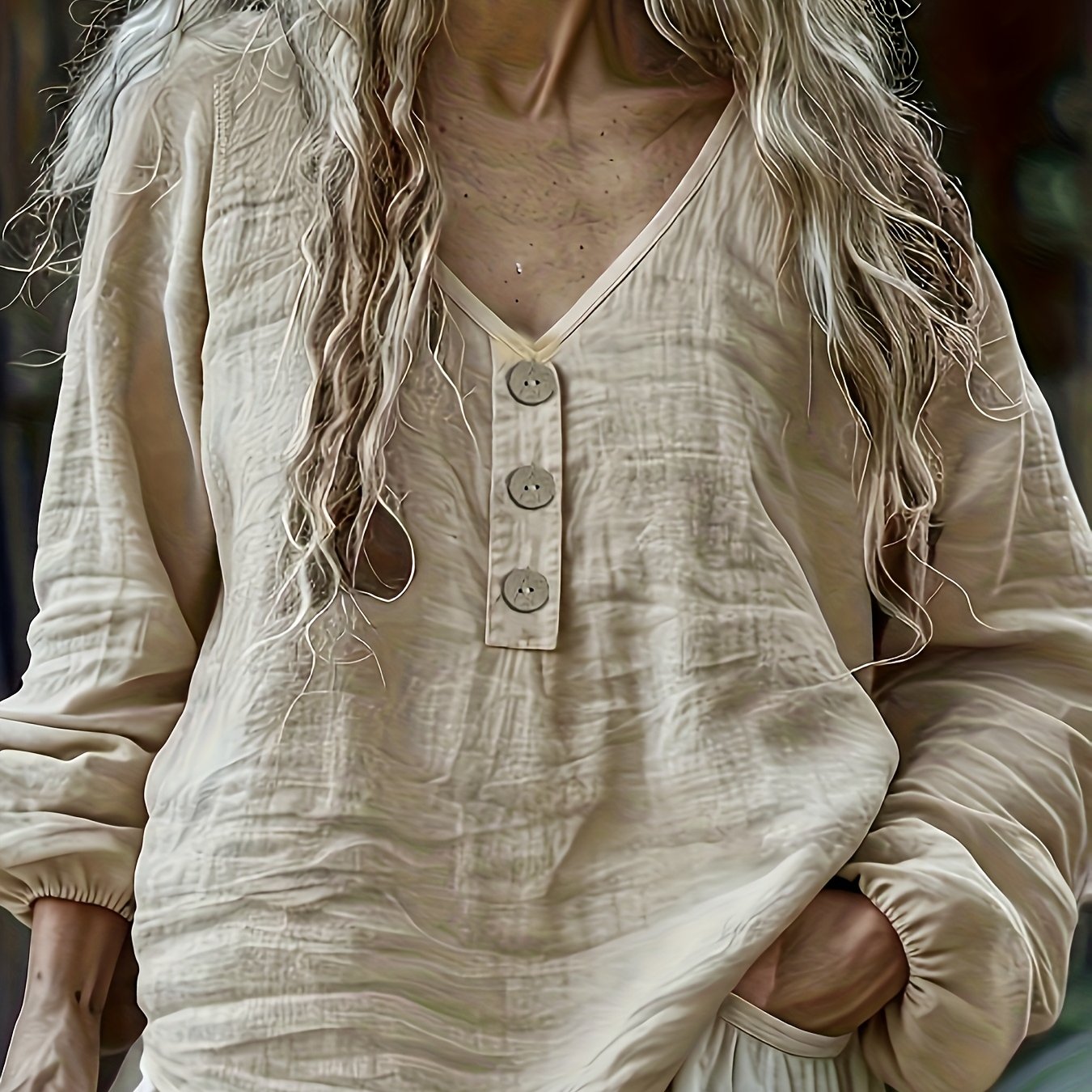 Linen Long Sleeve Vneck Top For Women Button Front Blouse