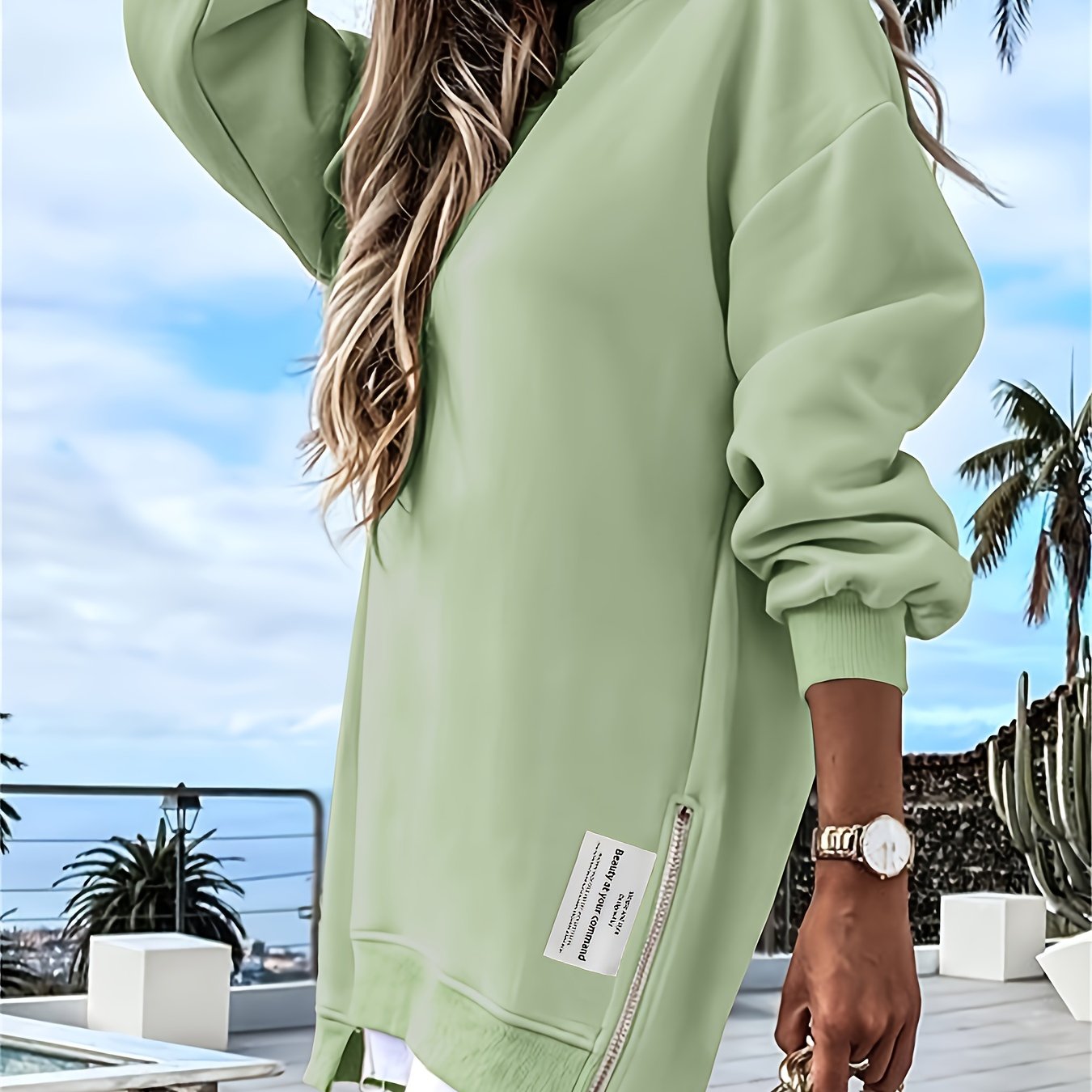 Chicme Zipper Embellished Crew Neck Sweatdress Polyester Blend Modern Casual Women Dress