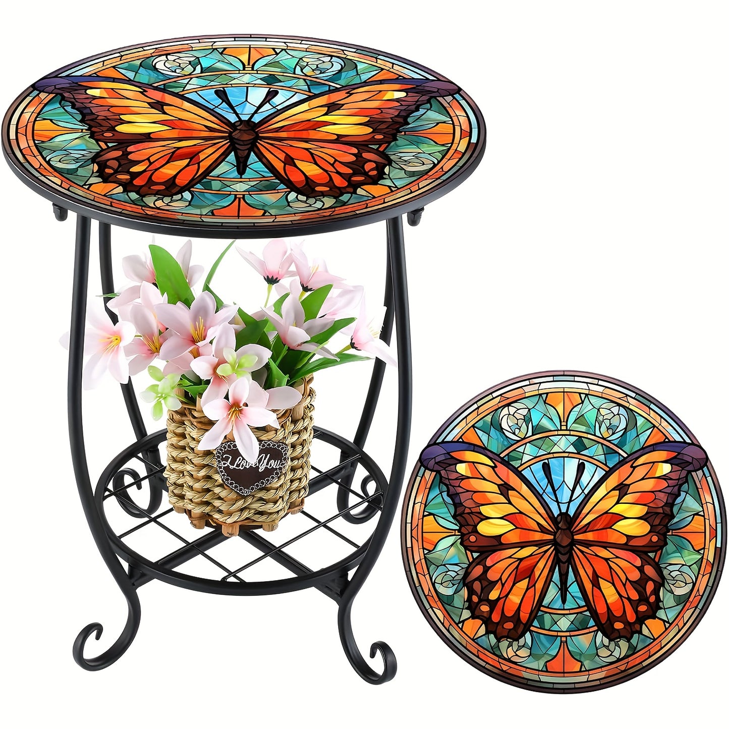 GOTFLYO Round Multifunctional End Table With Storage Shelf And Scroll Accent Easy Assembly