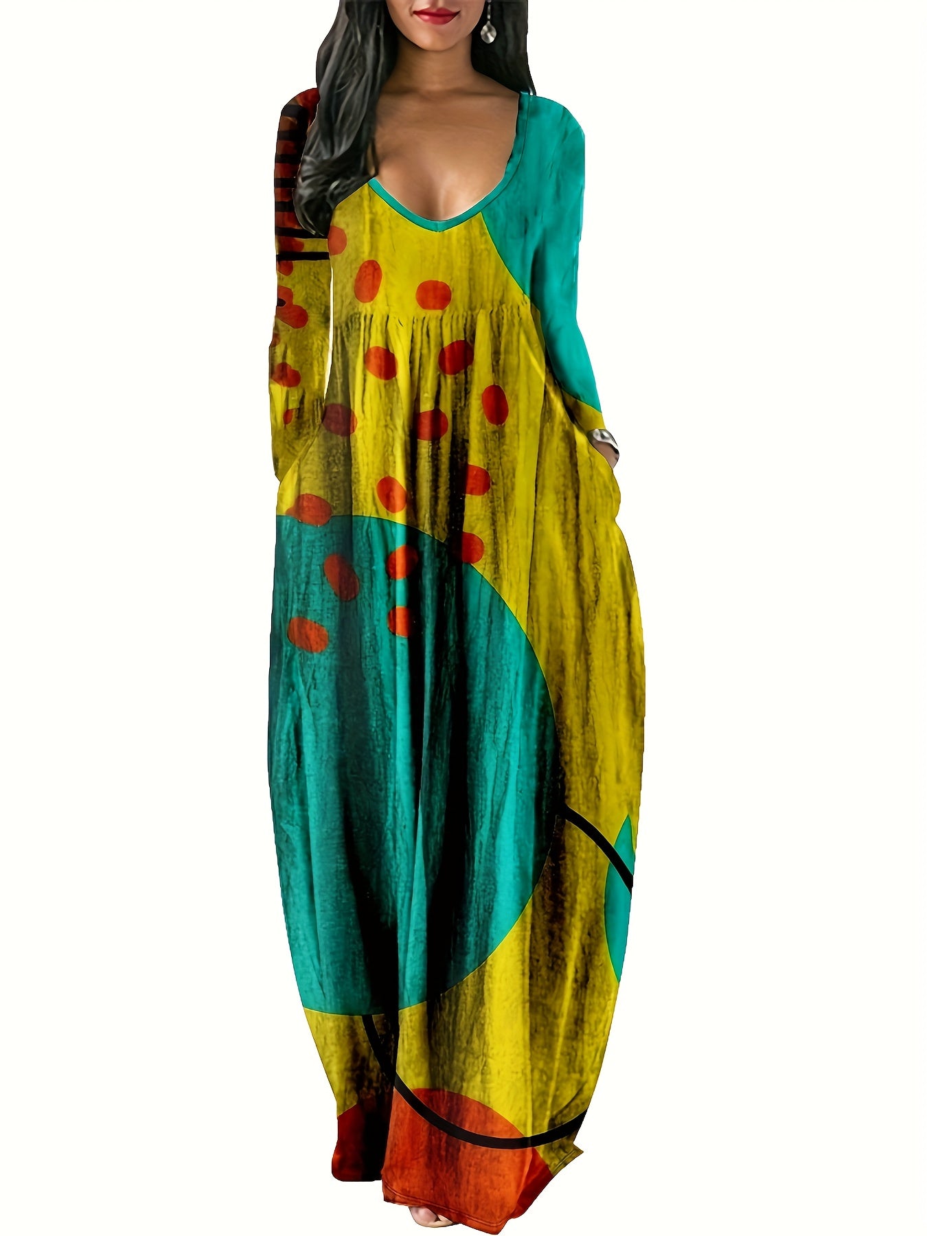 V-Neck Maxi Dress With Long Sleeves A-Line Silhouette