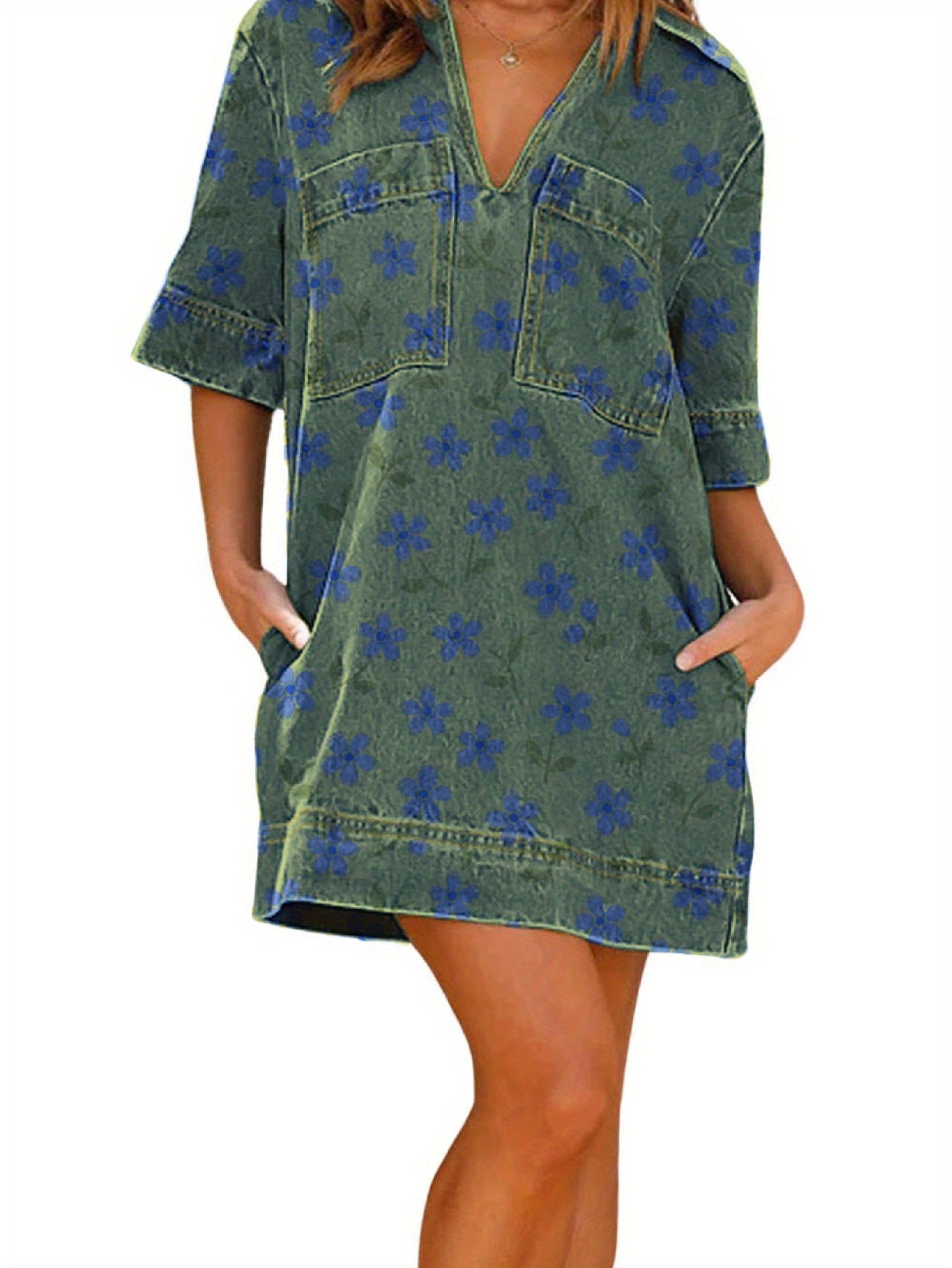 Denim Dress Floral Print Cotton Casual Summer Beachwear