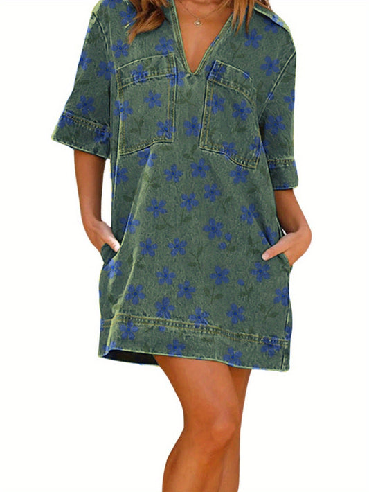 Denim Dress Floral Print Cotton Casual Summer Beachwear