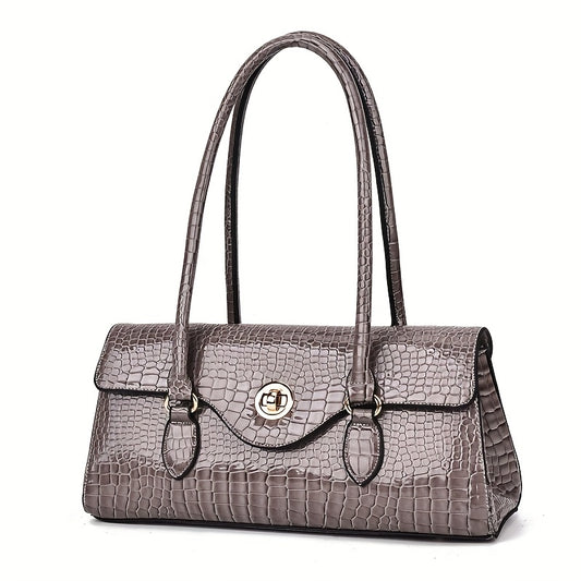 Crocodile Texture Handbag With Gold Tone Turn Lock Convertible Crossbody