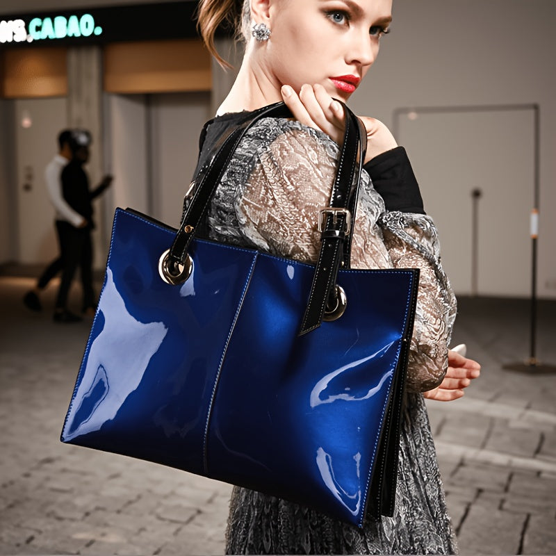 Genuine Leather Tote Bag Patent Leather, Multi-Compartment Laptop-Compartment Case