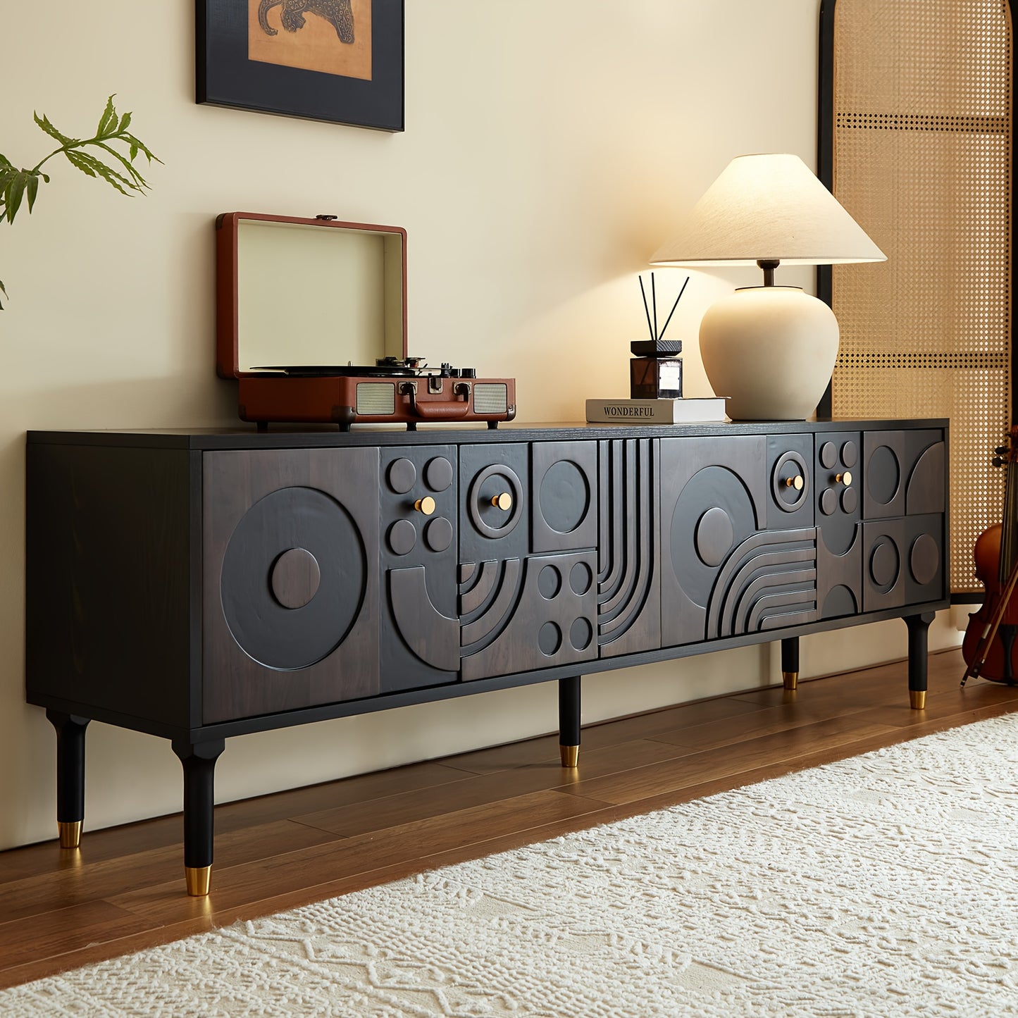 Mid Century Modern TV Stand With Four Cabinets And Wheels