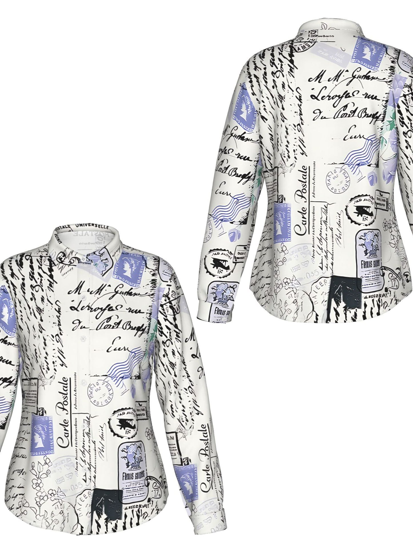 Women's French Inspired Postal Stamp Print Shirt Jacket Blouse