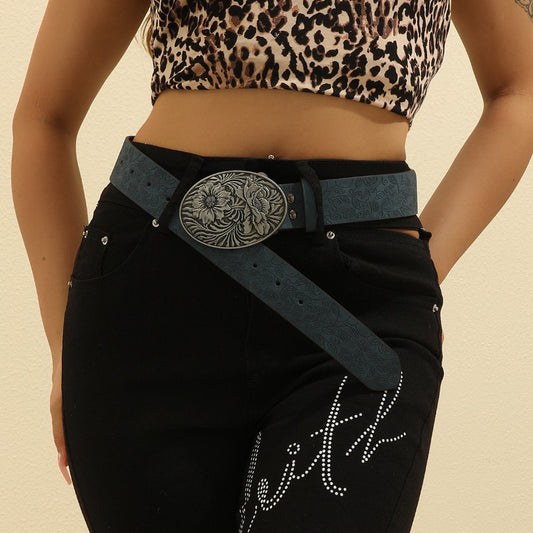 Womens Casual Textured Belt Embossed Floral Buckle