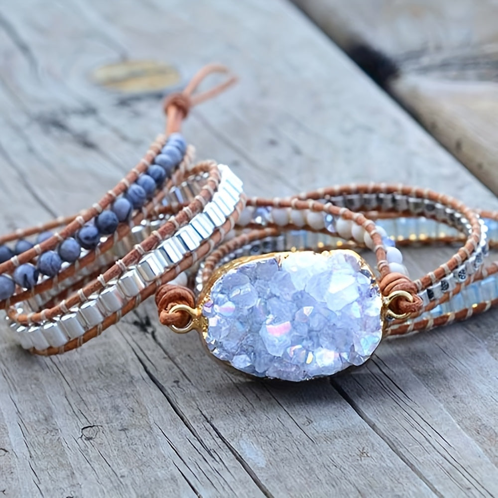 Boho Handmade Natural Stone Druzy Quartz Wrap Bracelet Jewelry