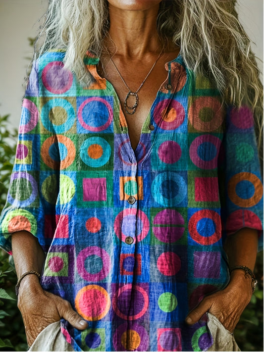 Boho Geometric Print Button Shirt For Women Loose Fit