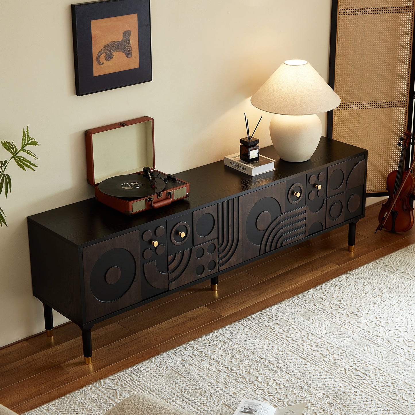 Mid Century Modern TV Stand With Four Cabinets And Wheels