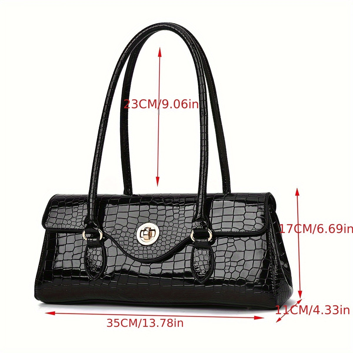 Crocodile Texture Handbag With Gold Tone Turn Lock Convertible Crossbody