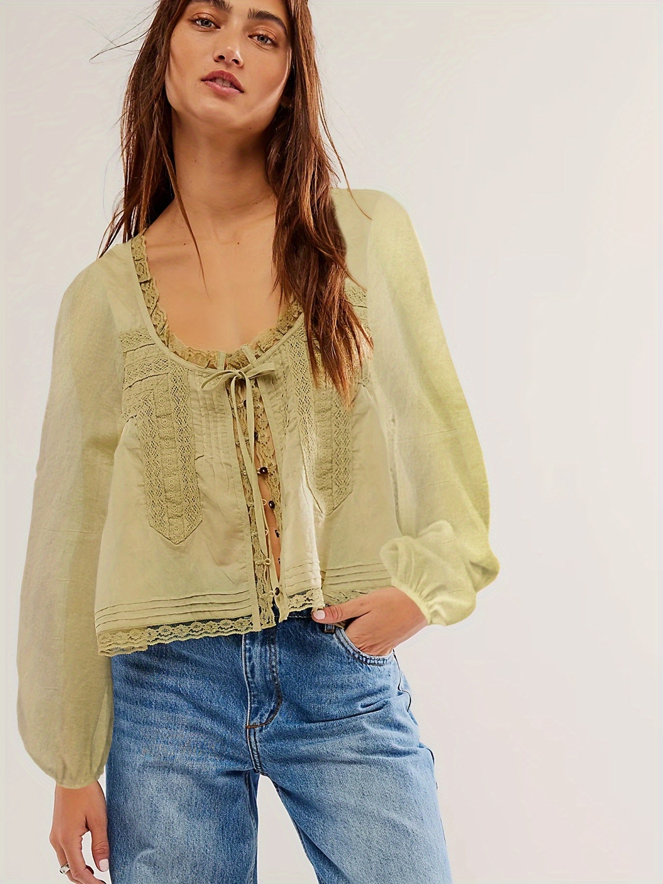 Cotton V Neck Lace Blouse With Braided Detail And Cutout Long Sleeve