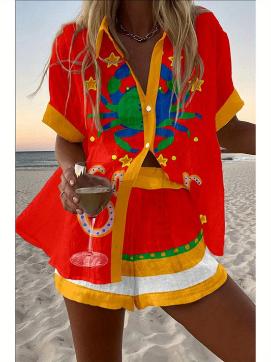 Spring Summer Fashion Women Printed Loose Short Sleeve Set