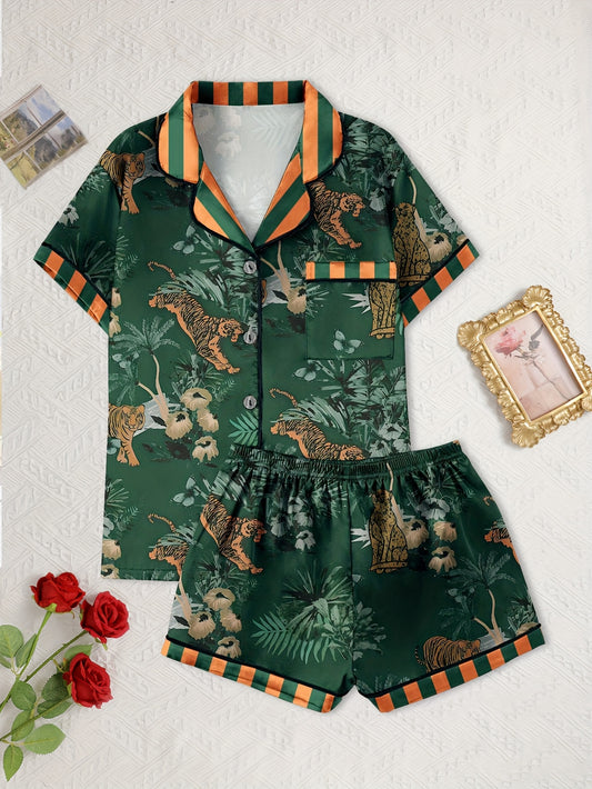 Jungle Print Satin Polyester Womens Casual Loungewear Set