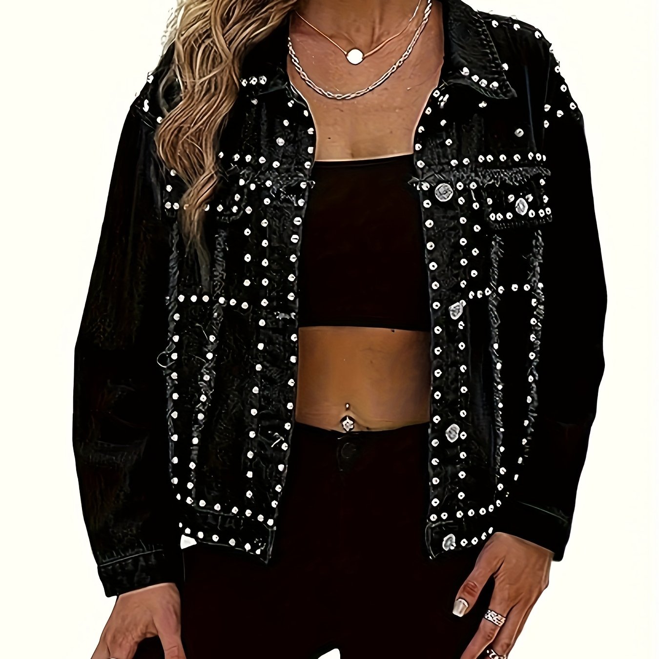 HMEC Studded Denim Jacket Women Biker Style Non Stretch