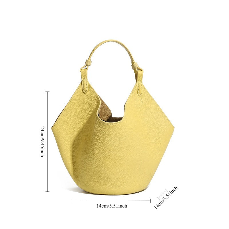 Genuine Leather Bucket Tote Bag For Women With Magnetic Closure