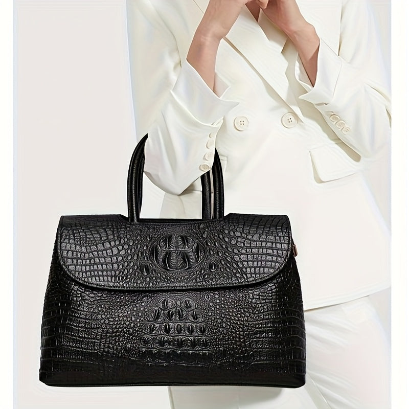Luxury Crocodile Embossed Leather Handbag Tote With Buckle Closure