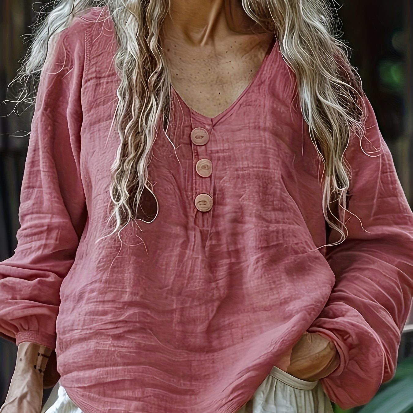 Linen Long Sleeve Vneck Top For Women Button Front Blouse