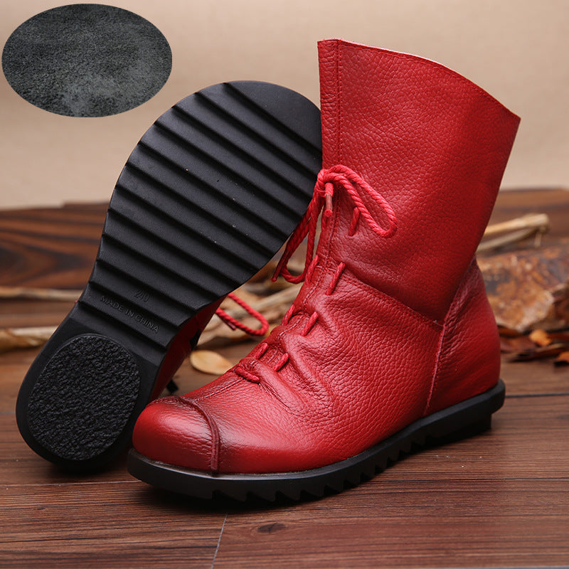 Women Genuine Leather Chunky Platform Ankle Boots Retro Lace Up Round Toe Western Style All Season Rubber Sole Zipper