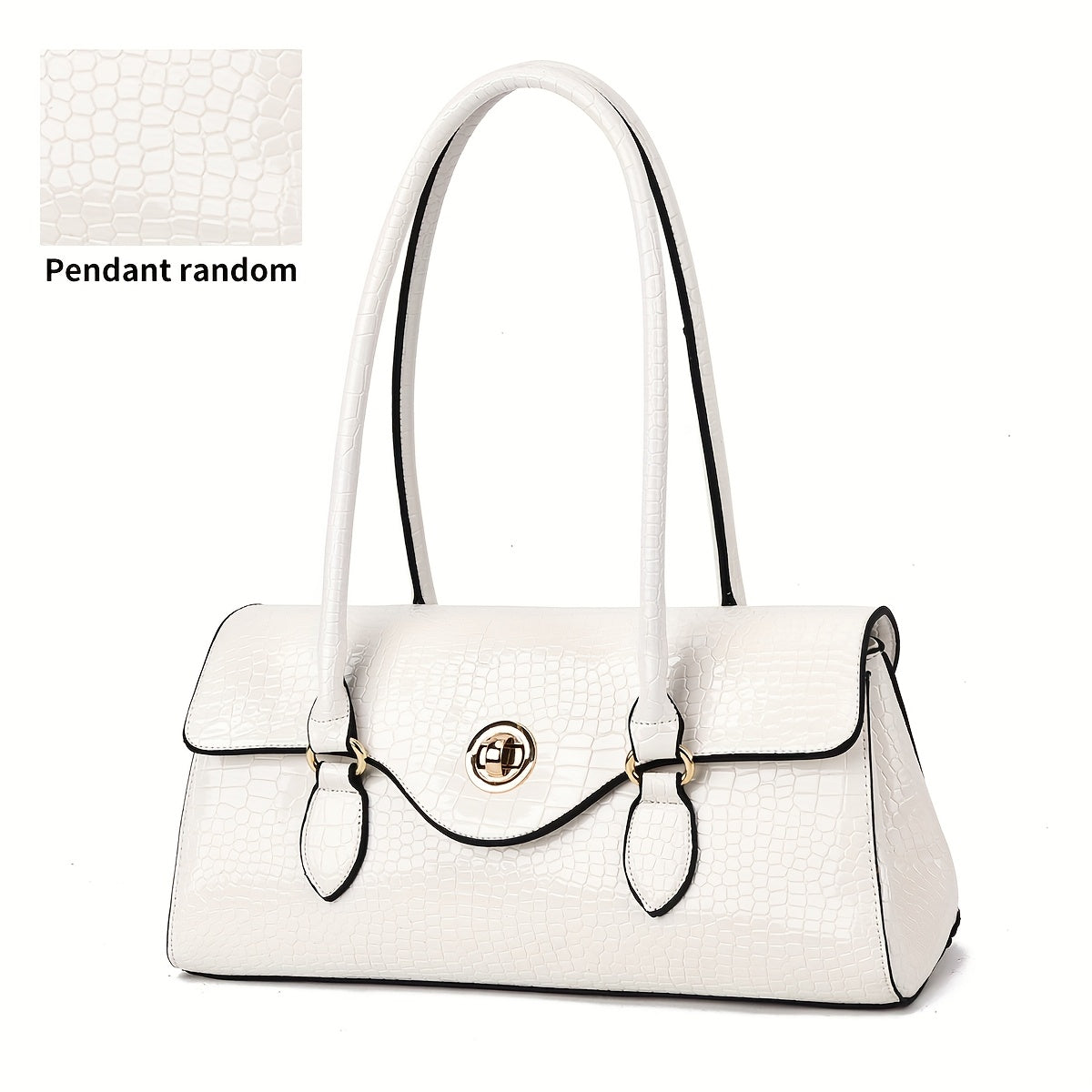 Crocodile Texture Handbag With Gold Tone Turn Lock Convertible Crossbody