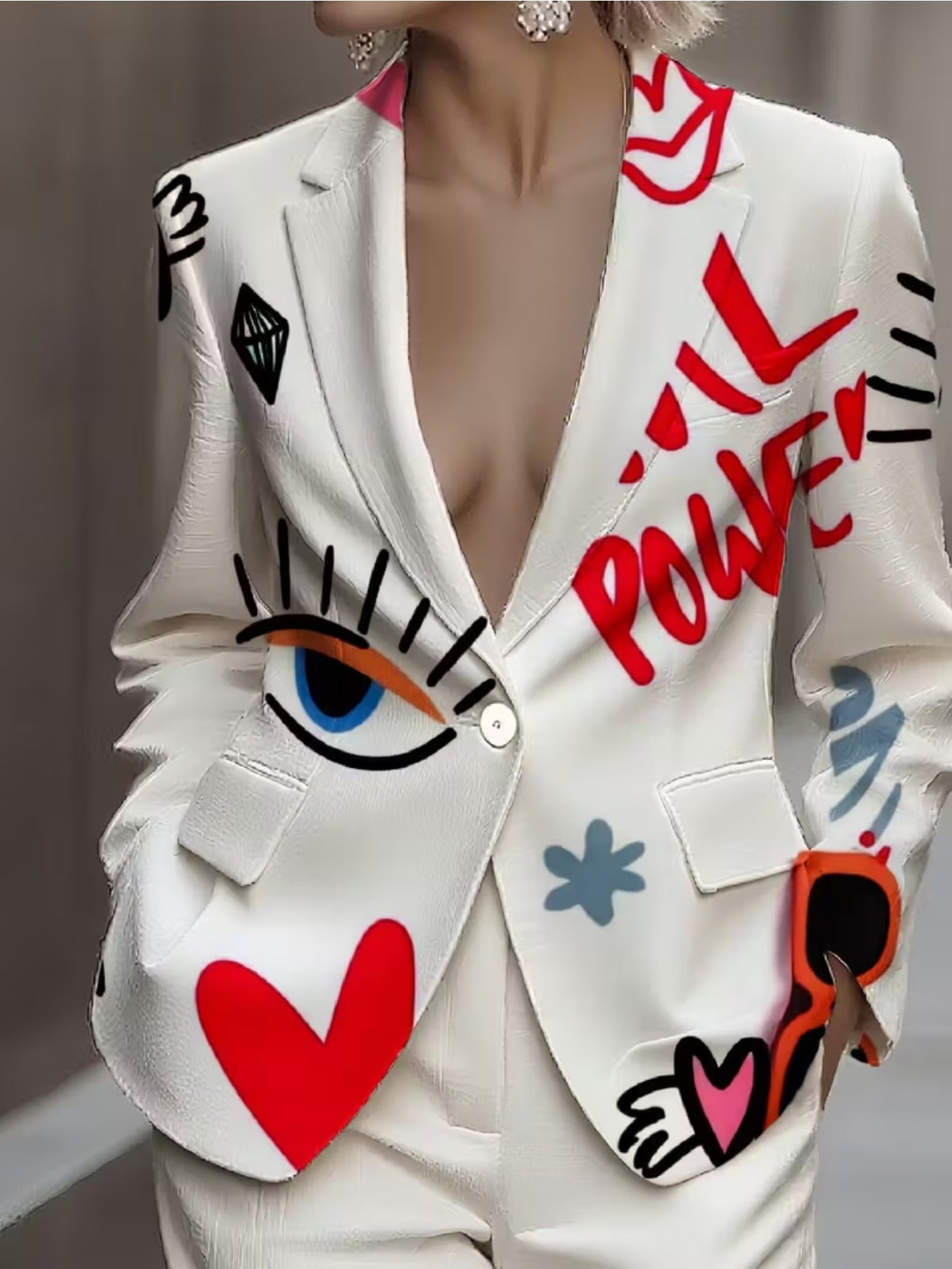 Womens Slim Fit Retro V Neck Blazer With Lettering HeartPrint