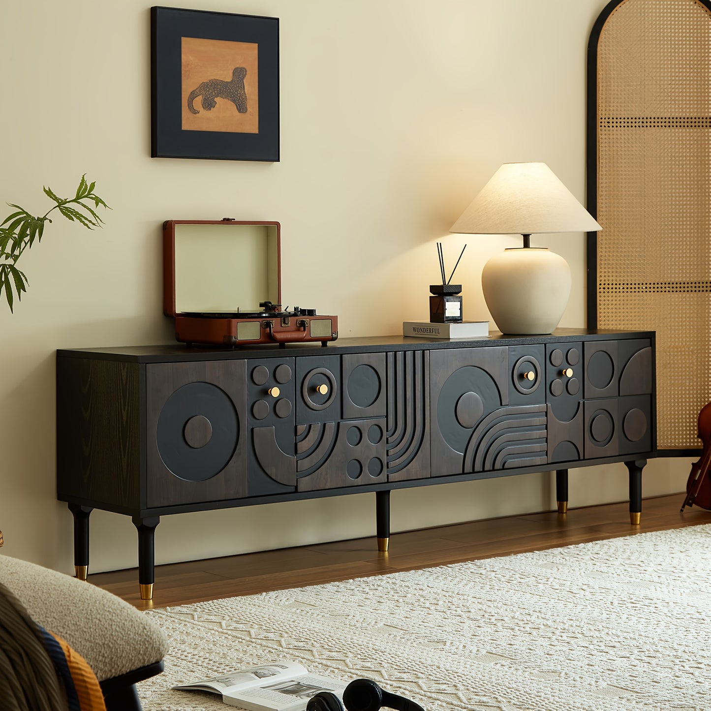 Mid Century Modern TV Stand With Four Cabinets And Wheels