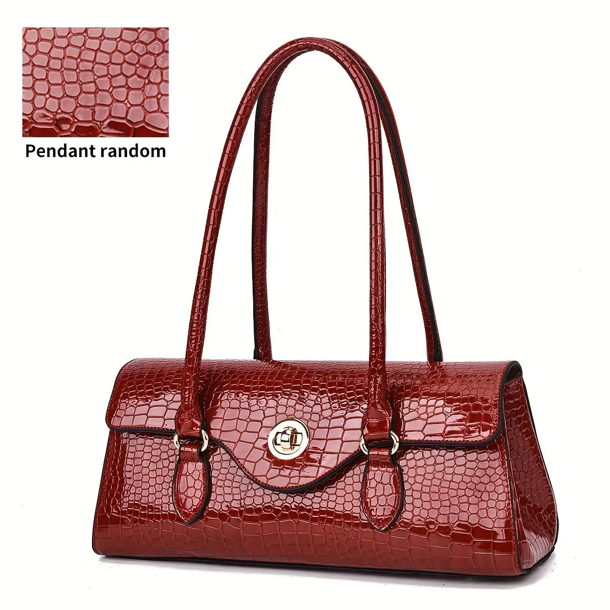 Crocodile Texture Handbag With Gold Tone Turn Lock Convertible Crossbody