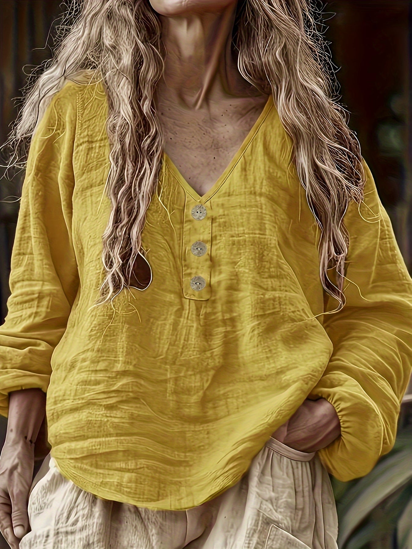 Linen Long Sleeve Vneck Top For Women Button Front Blouse