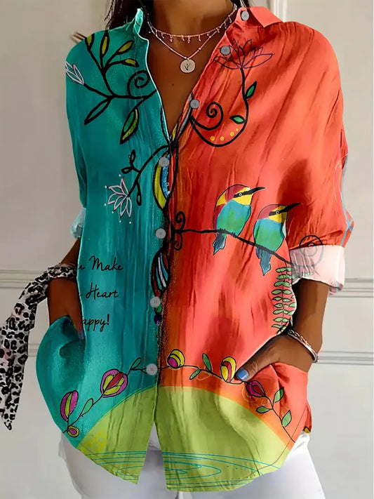 Vintage Women's Long Sleeve Button Front Shirt With Collar