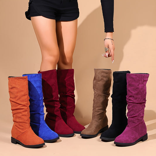 Mid Heel Slouchy Mid Calf Boots Soft Fabric Upper Platform