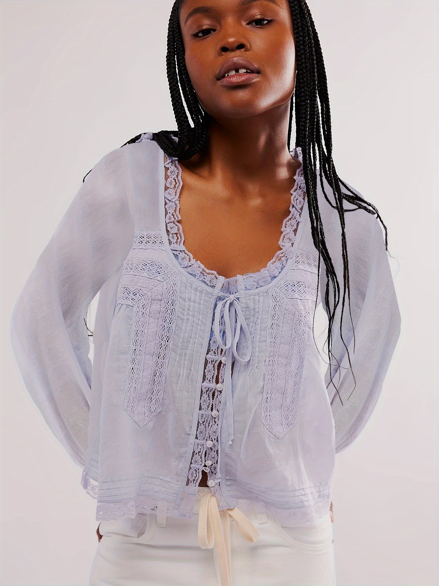 Cotton V Neck Lace Blouse With Braided Detail And Cutout Long Sleeve