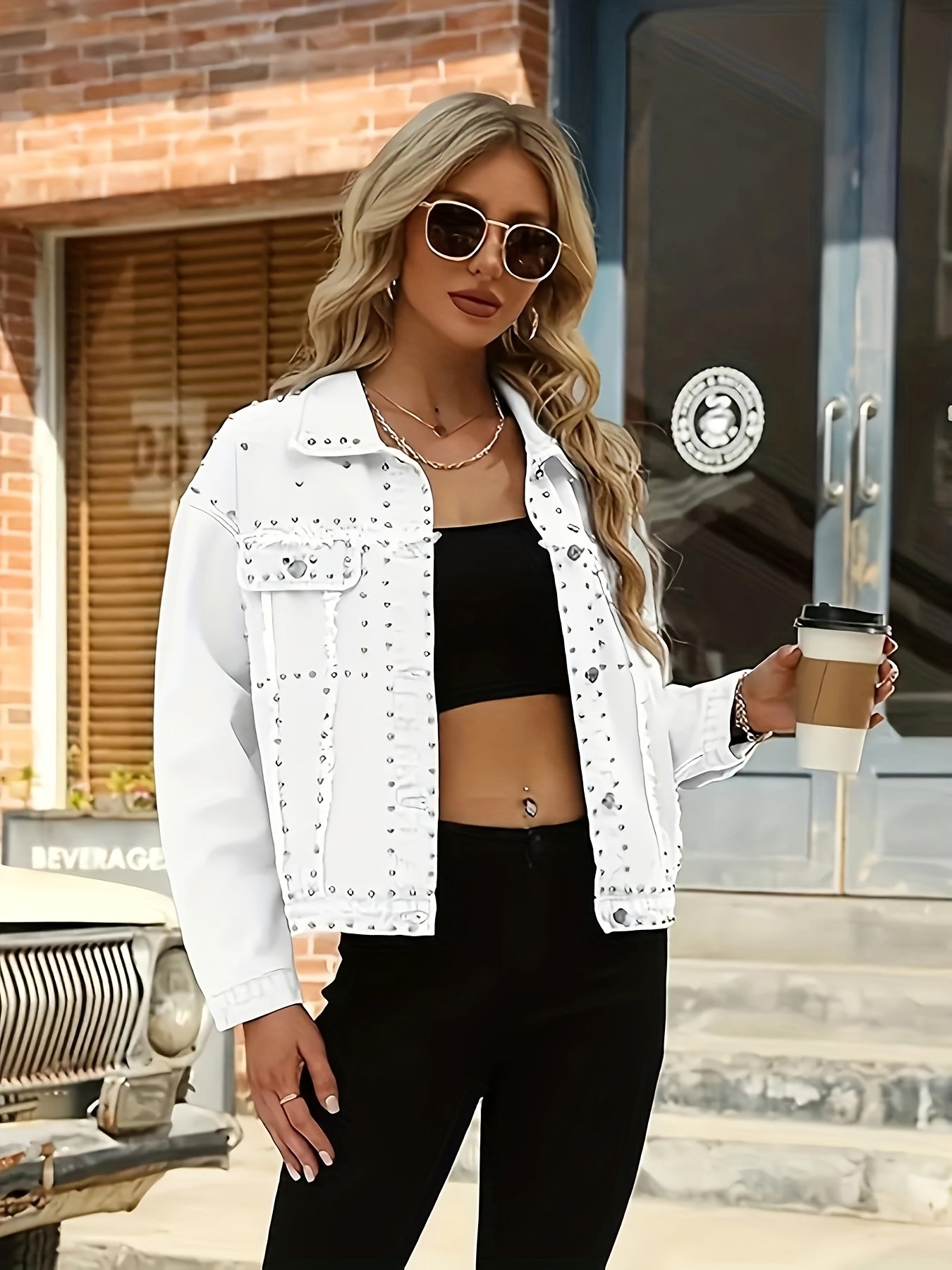 HMEC Studded Denim Jacket Women Biker Style Non Stretch