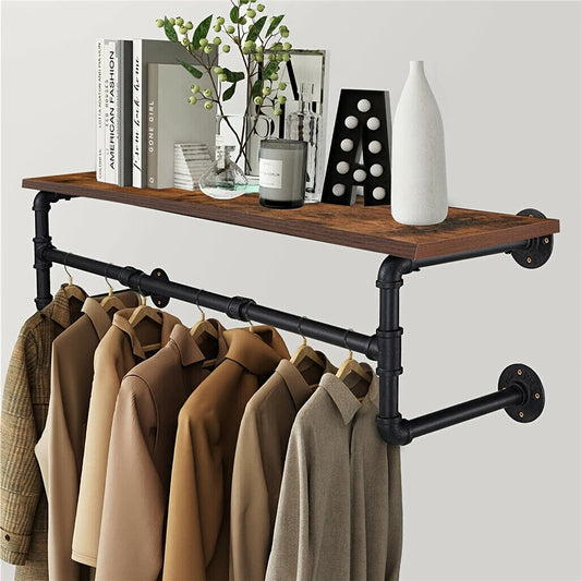 AESOME Industrial Pipe-Style Wall Mounted Clothes Rack With Shelf