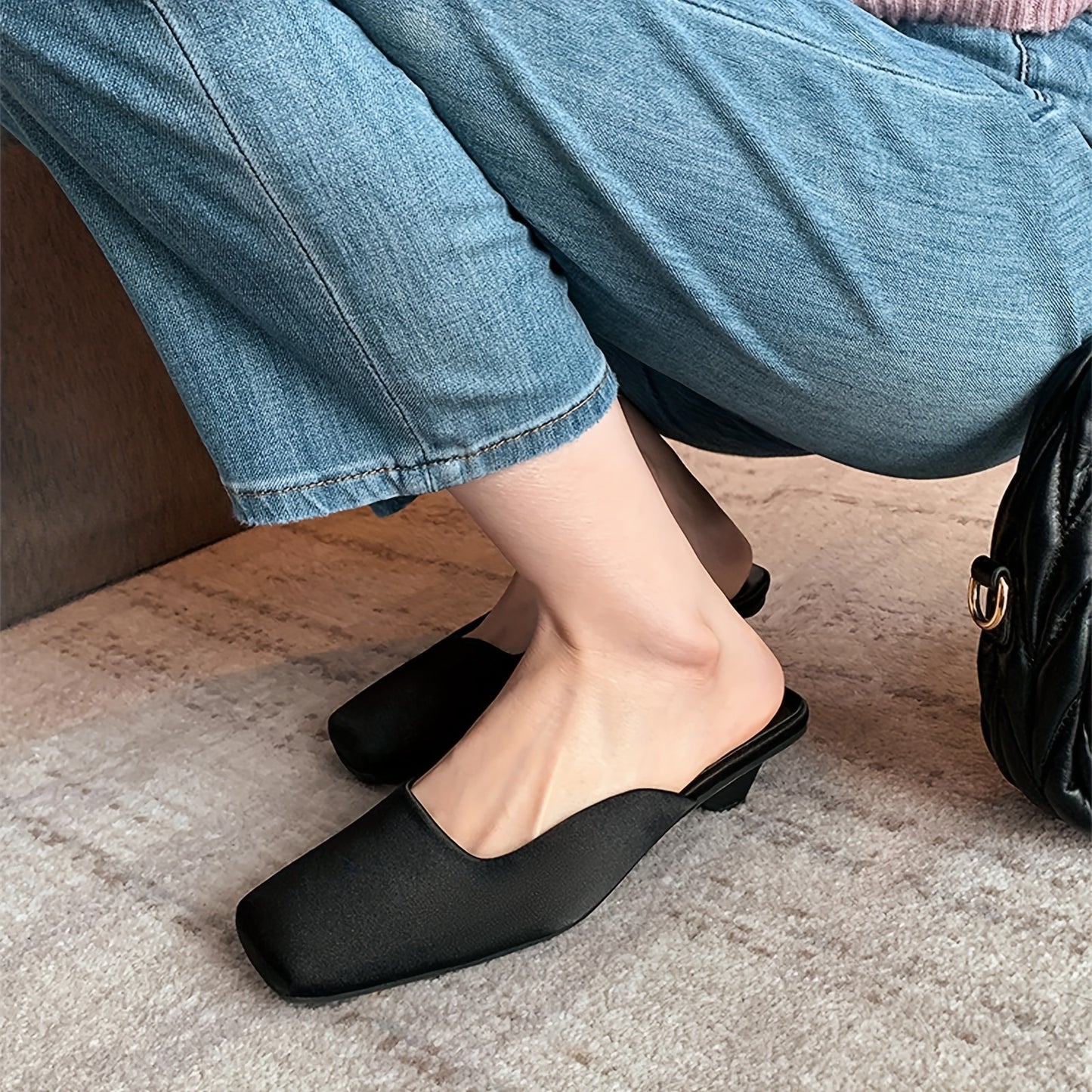 MIKARKA Satin Mules With Square Toe Kitten Heel Non Slip