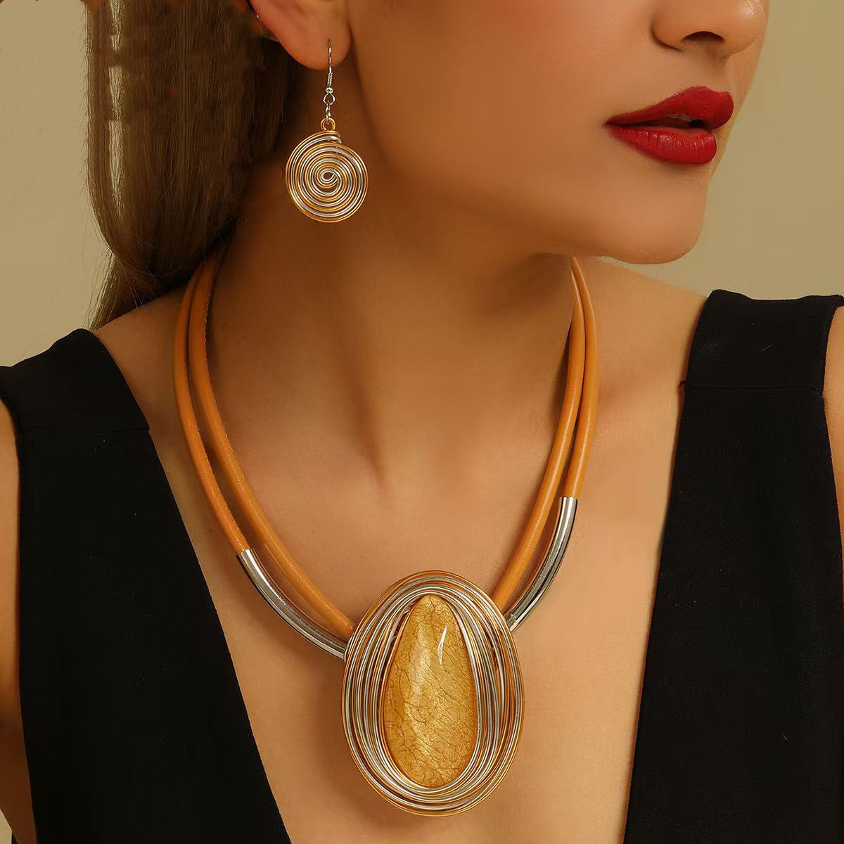 NEULRY Resin Drop Pendant Leather Rope Jewelry Set Necklace Earrings