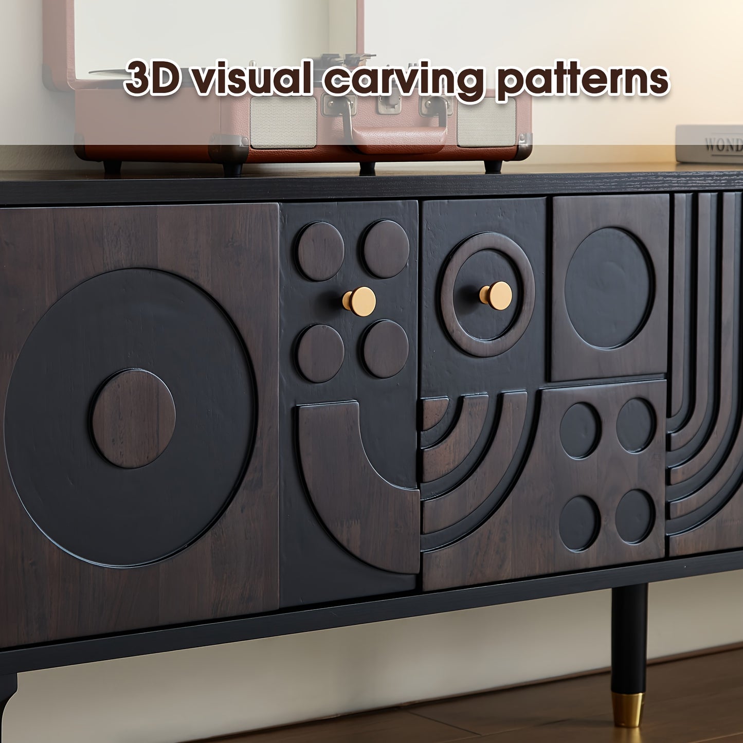 Mid Century Modern TV Stand With Four Cabinets And Wheels