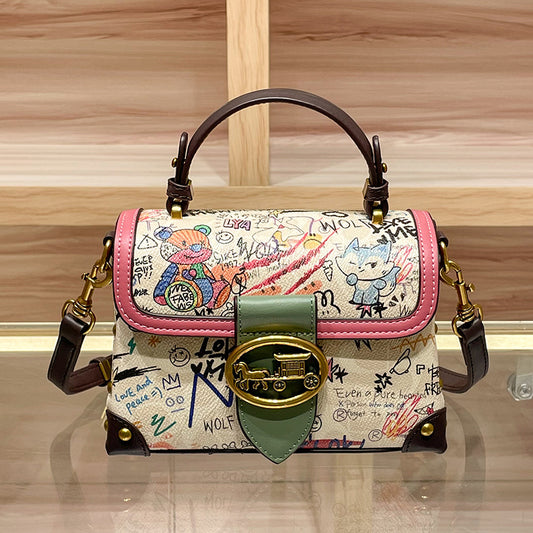 Genuine Leather Graffiti Bear Crossbody Handbag With Zipper