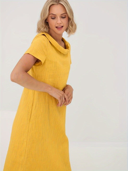 Linen Dress With Pockets Slit Collar Everyday Wear Casual