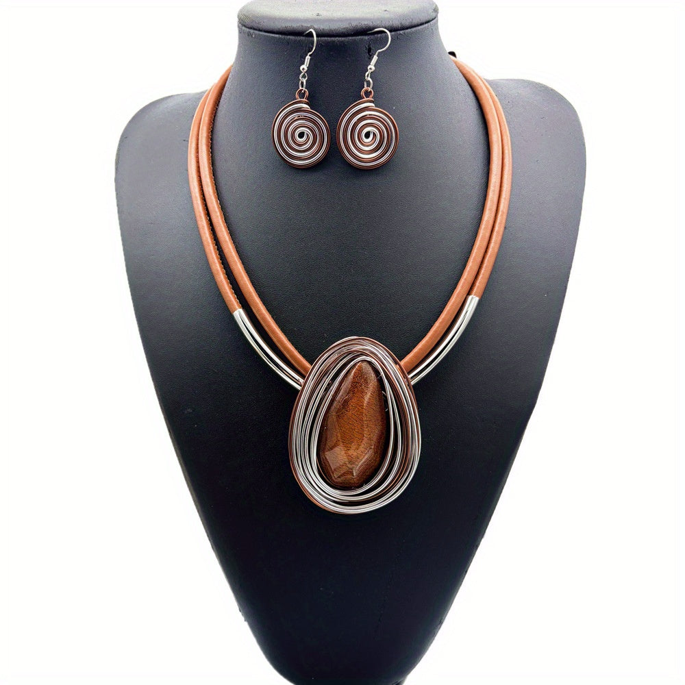 NEULRY Resin Drop Pendant Leather Rope Jewelry Set Necklace Earrings