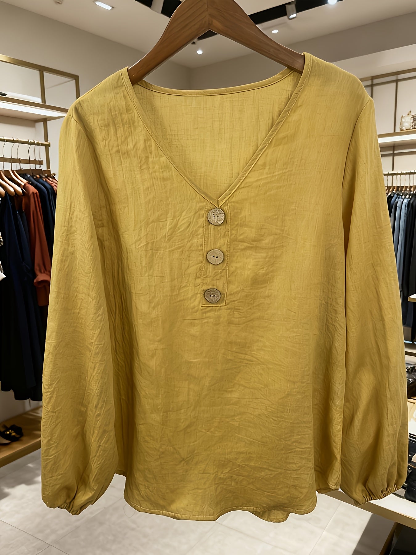 Linen Long Sleeve Vneck Top For Women Button Front Blouse