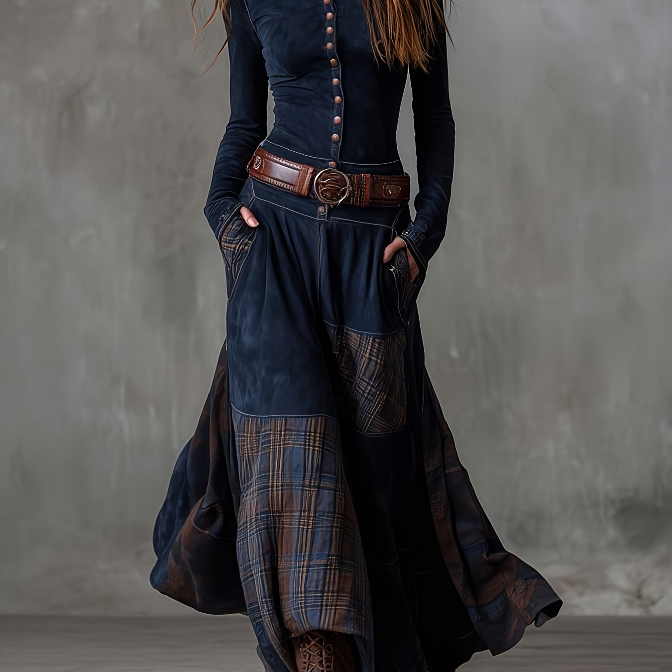 ZAFUL Autumn Vintage Plaid Patchwork Dress With Pockets And Buttons