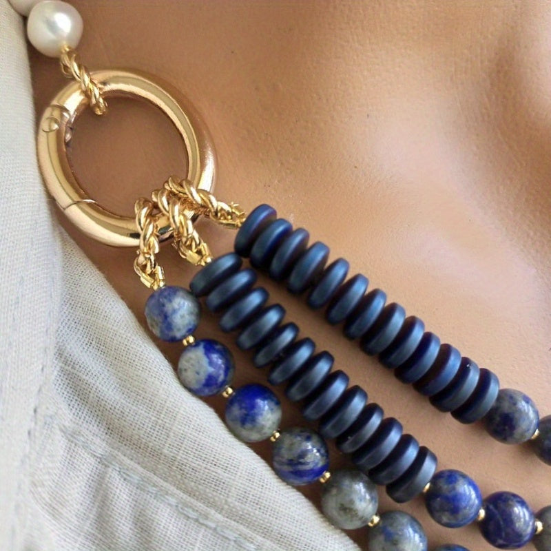 Elegant Freshwater Pearl And Lapis Beaded Necklace Women