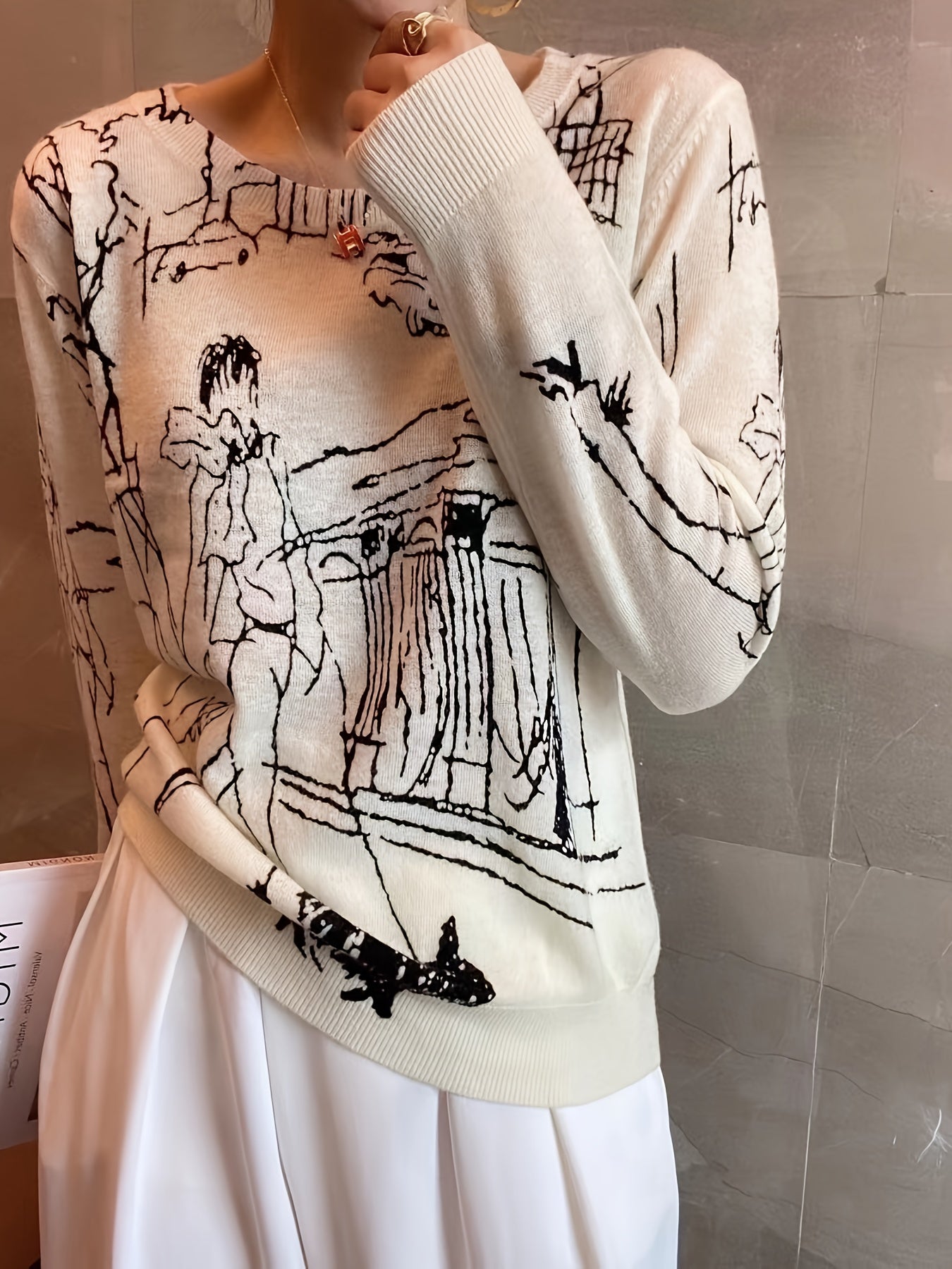 Y2K Retro Graffiti Anime Graphic Sweater Thermal Lined Long Sleeve Round Neck Pullover Casual Knit Top