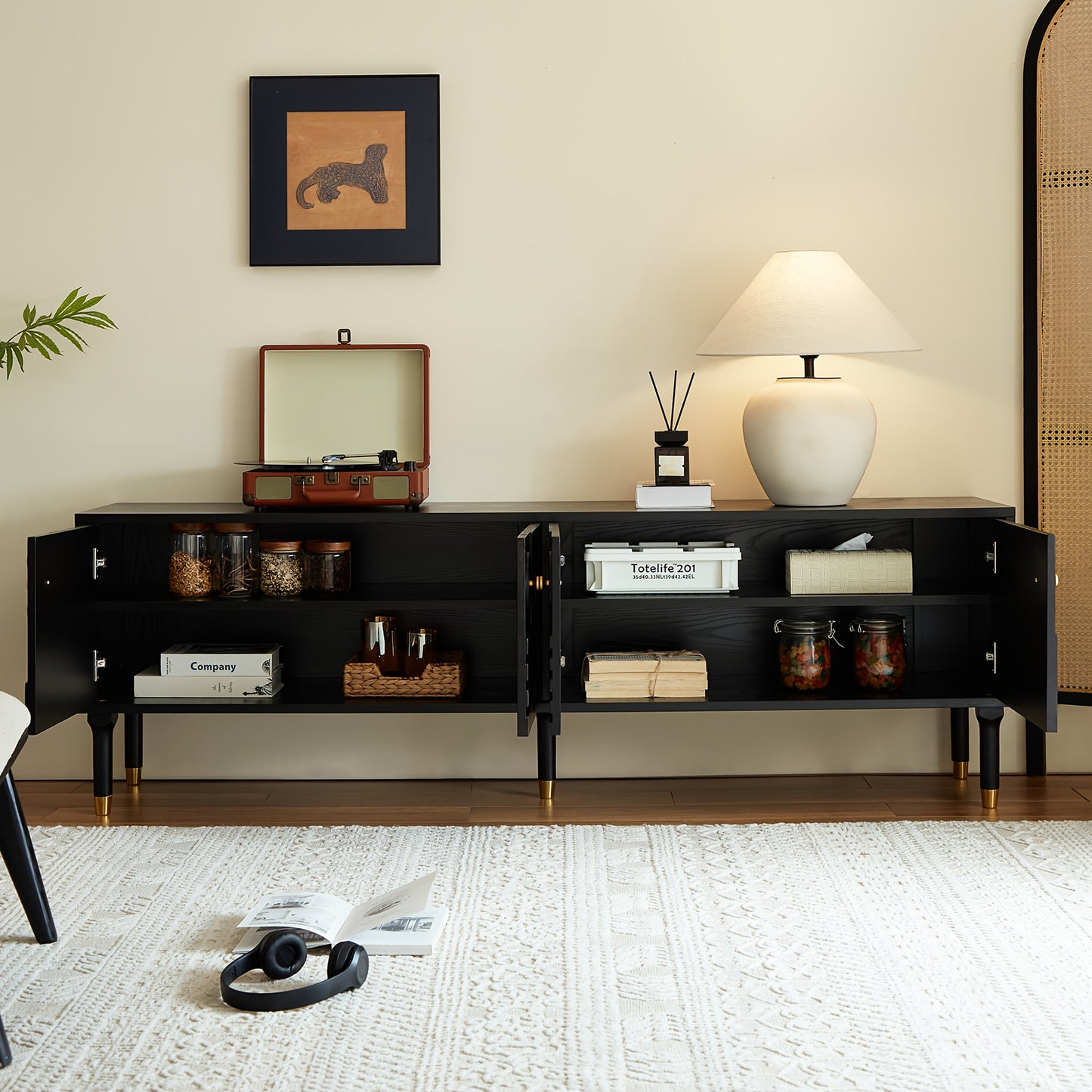 Mid Century Modern TV Stand With Four Cabinets And Wheels