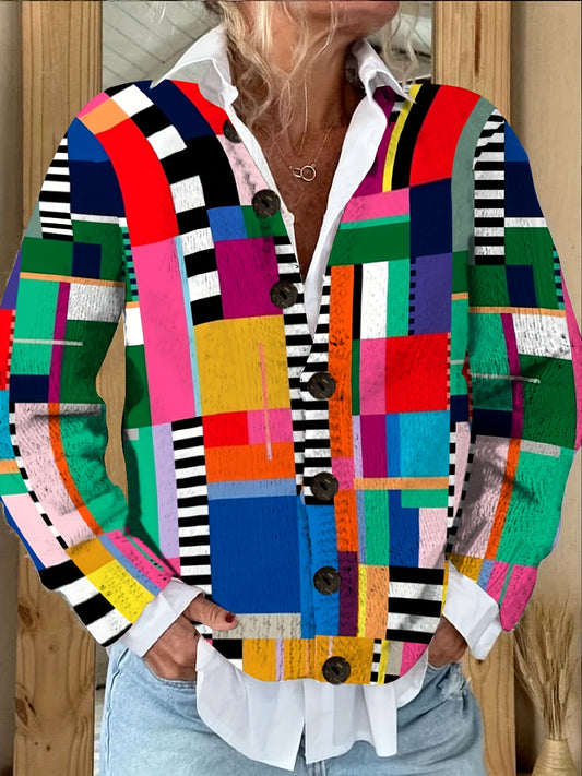 Women's 3D Geometric Print Cardigan With Notched Lapel
